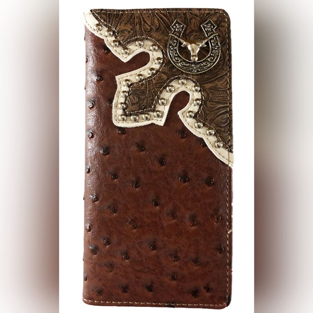 Longhorn Men Wallet Western Bifold Check Book Style W039-6 Brown Color